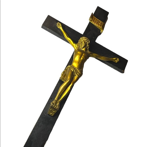 Antique Black Oak wood Victorian Heavy Brass Crucifix Religious Jesus Wall hang - Picture 14 of 16